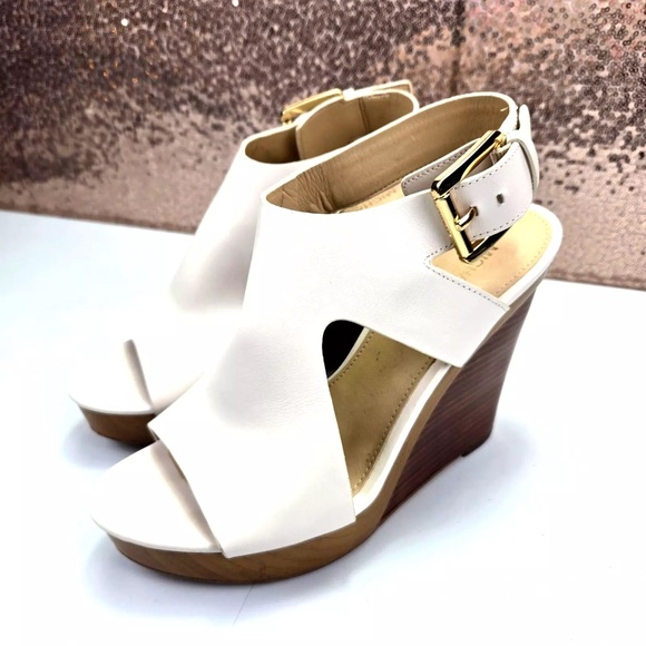Michael Kors Josephine Wedge Sandals Heels 7M Cream Open Toe W/Buckle - Picture 1 of 10